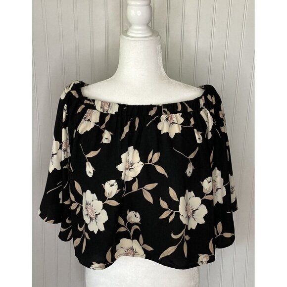 Lulus Womens Light Of Dawn Black Floral On Off Shoulder Split Back Cropped Top-L - Picture 2 of 15